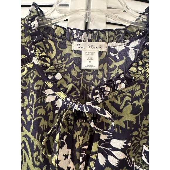 Tea Please Peasant Womens 1X Green Black Balloon Sleeves Boho Blouse Top - Picture 3 of 5